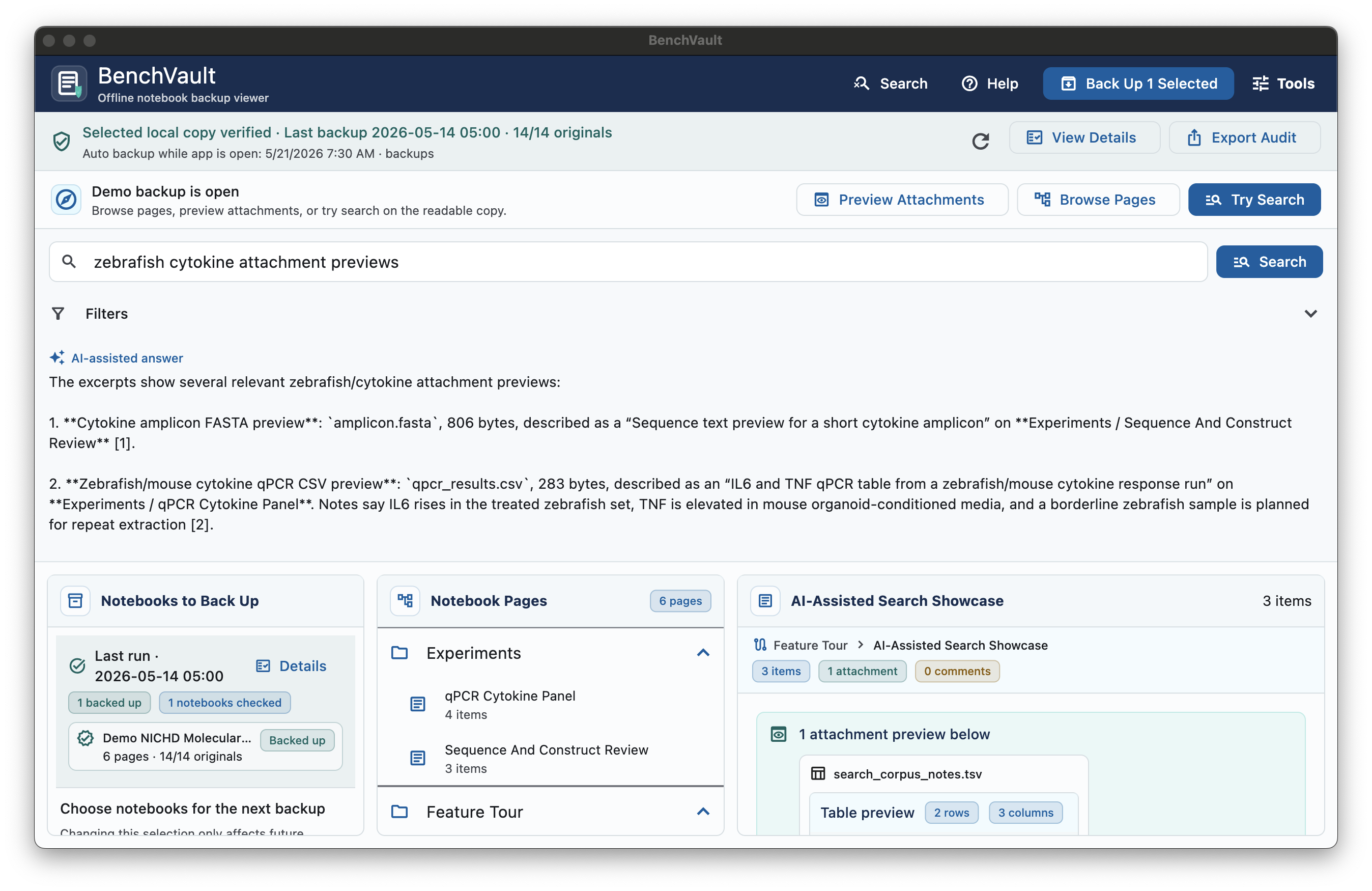 BenchVault notebook search with AI-assisted option and local fallback controls